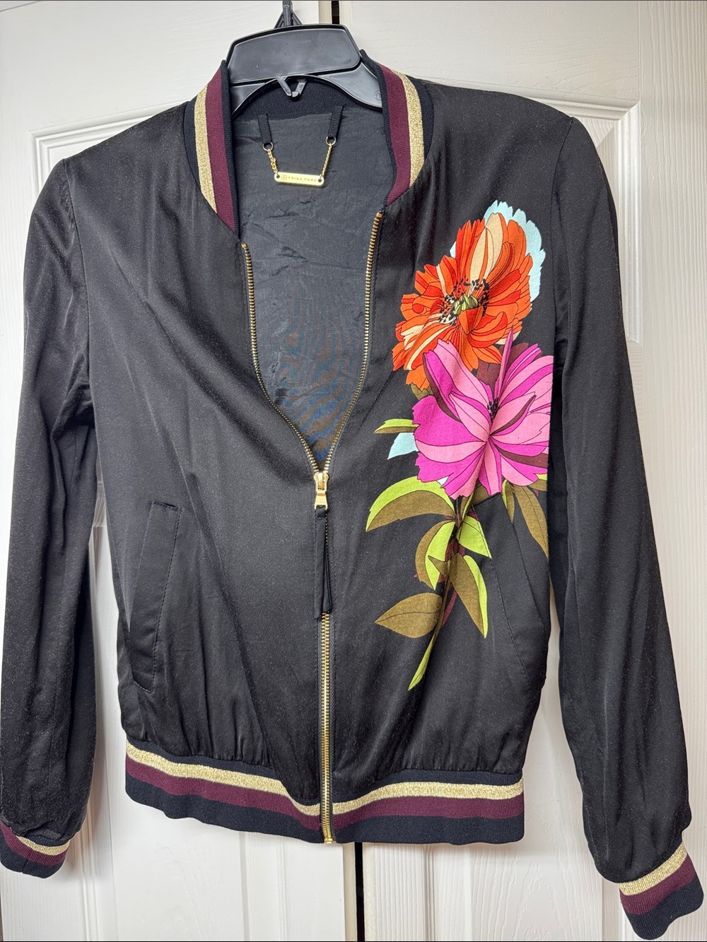 Trina Turk Black Bomber Jacket with Pink & Orange Floral Print